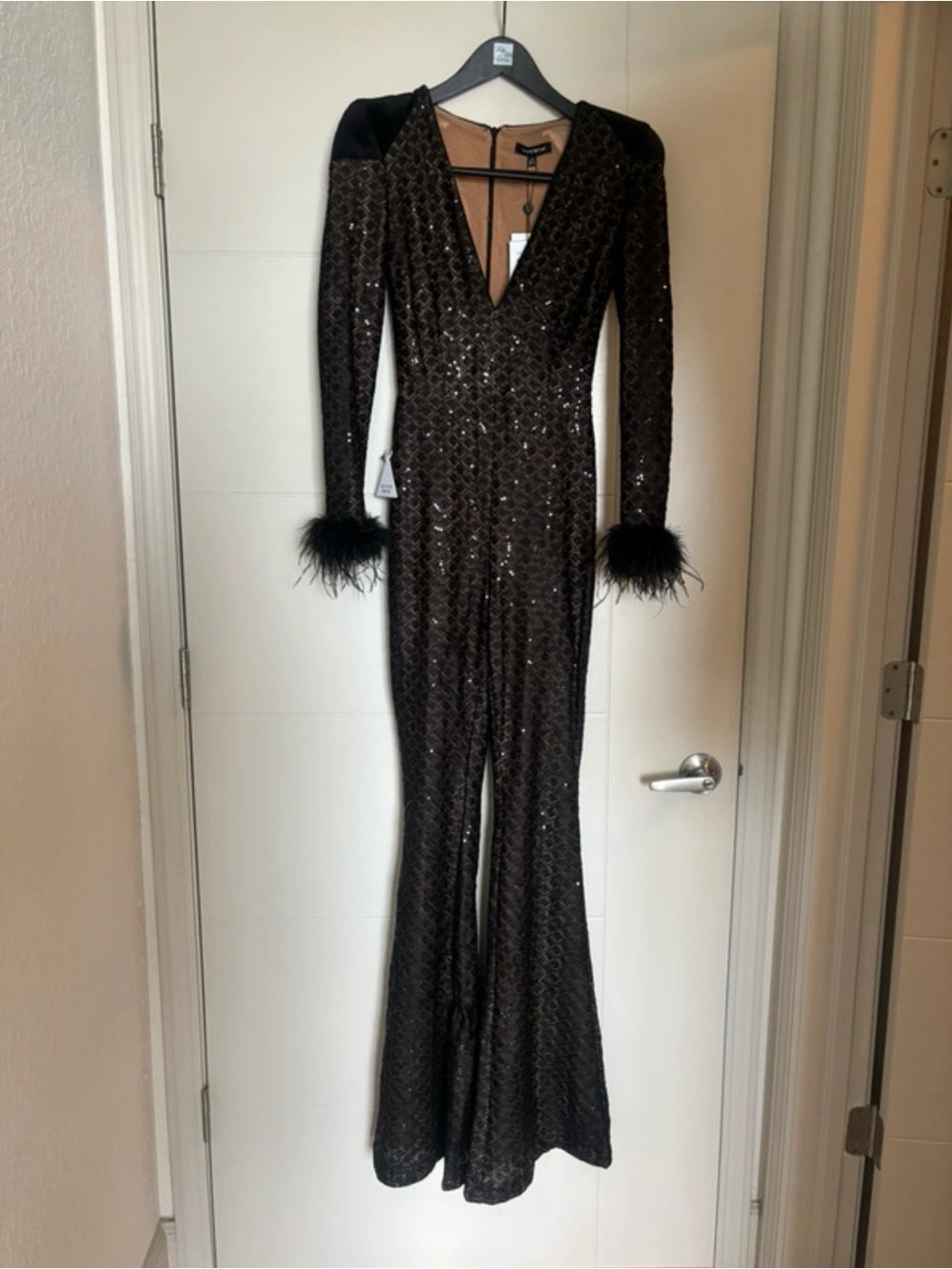 NADINE MERABI Black Sequin Feather Cuff Jumpsuit - New with tags
